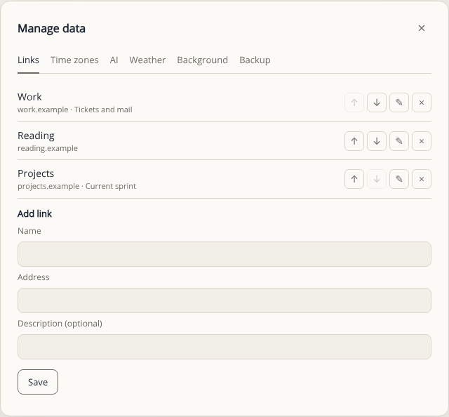 The Manage data panel, with links, time zones, AI shortcuts and weather places