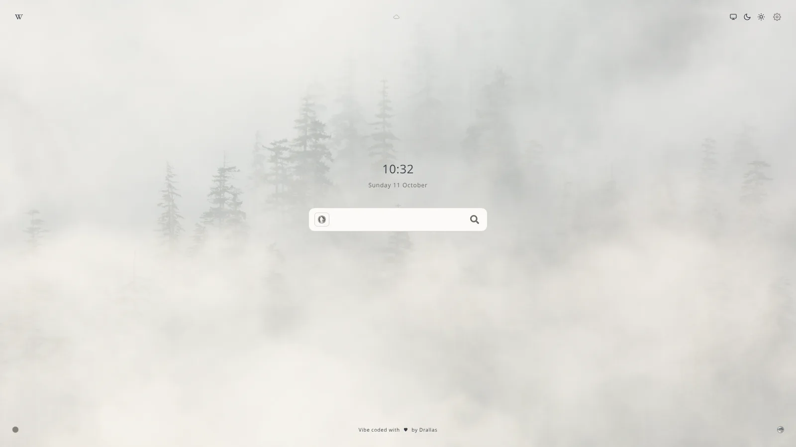 The start page in the light theme, with the clock and the search bar in the middle